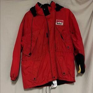 Vintage Marlboro Red Coat with Black and Yellow Accents